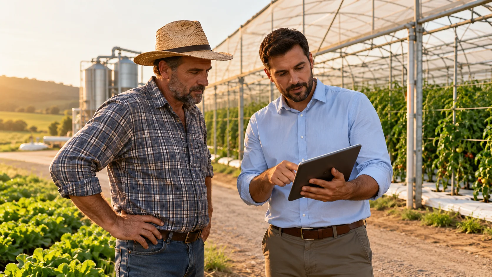 Produtor rural e consultor analisando projeto agrícola em propriedade produtiva