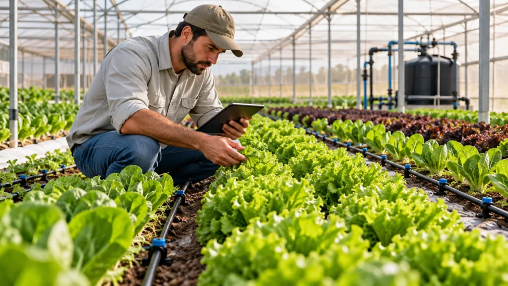 Agrônomo avaliando hortaliças em cultivo protegido com irrigação controlada