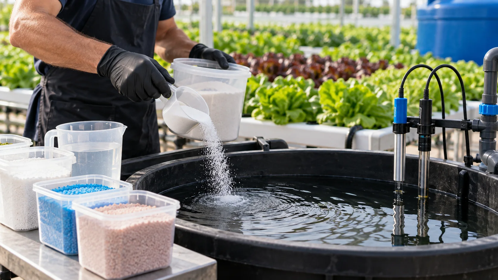 Técnico preparando solução nutritiva com sensores em sistema de cultivo protegido